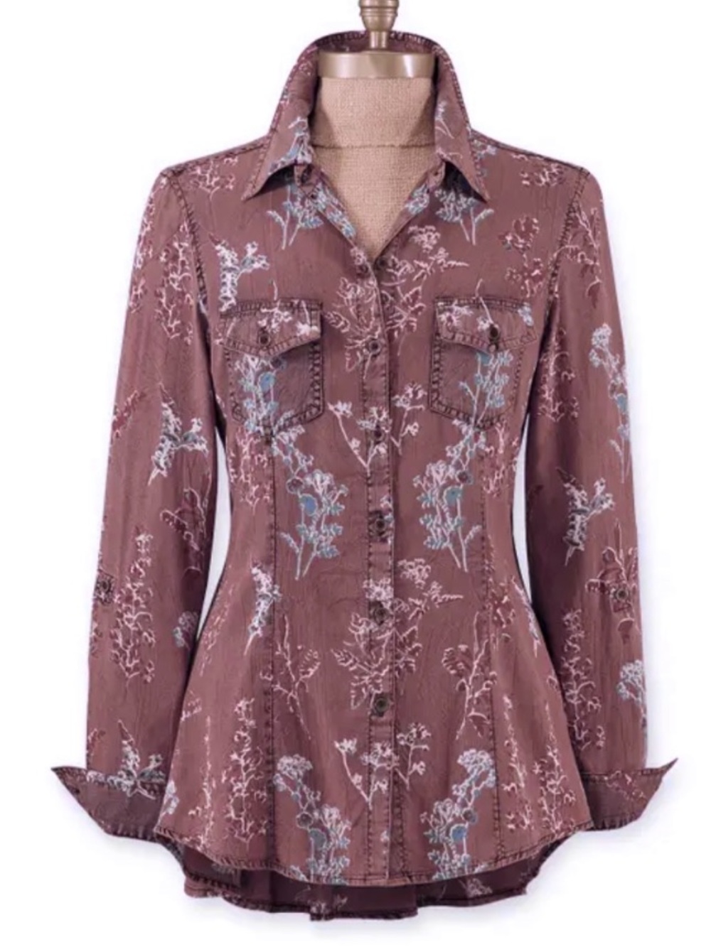 LOLA P. SAND WASH FLORAL BUTTON FRONT BOHEMIAN BLOUSE SZ XLG